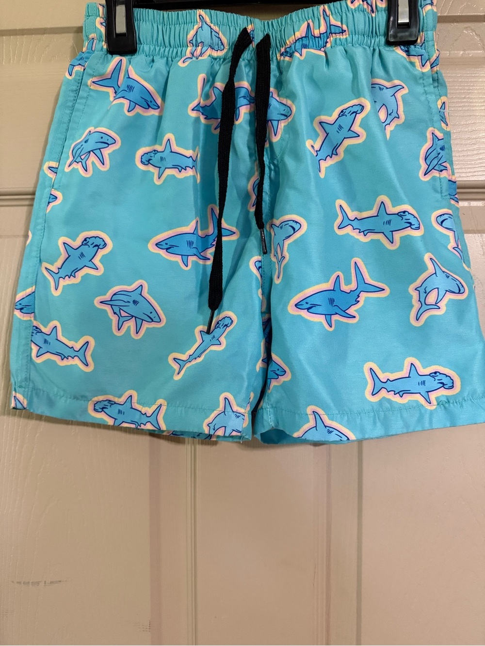 Kids Aqua Shark Print Swim Trunks